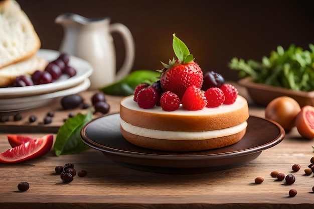 Photo a cake with berries on it on a wooden table