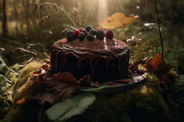 A cake with berries on it in the woods