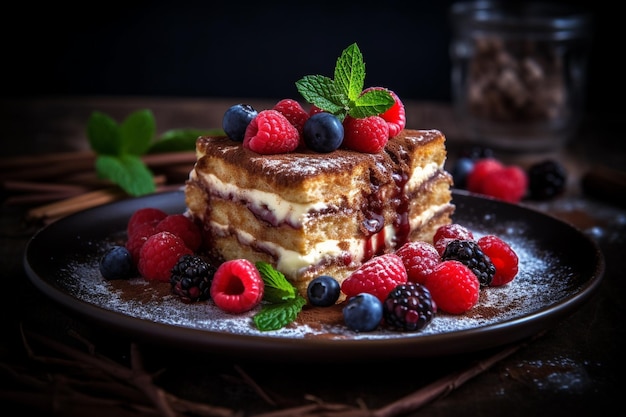 a cake with berries and raspberries on a plate