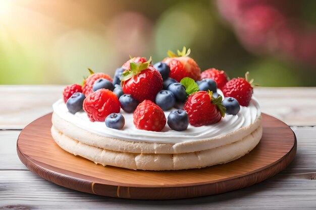 A cake with berries and a strawberry on the top