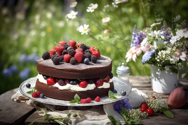 A cake with berries on top sits on a table in a garden.