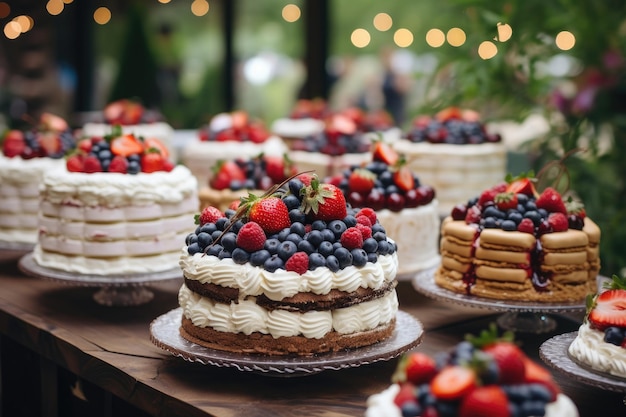 Торт с ягодами на деревянном столе Селективная фокусировка Сладкие вкусные торты с ягодами и сливками на десертном столе на свадебной вечеринке