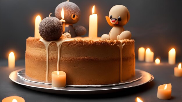 A cake with a bird on it and a candle in the background