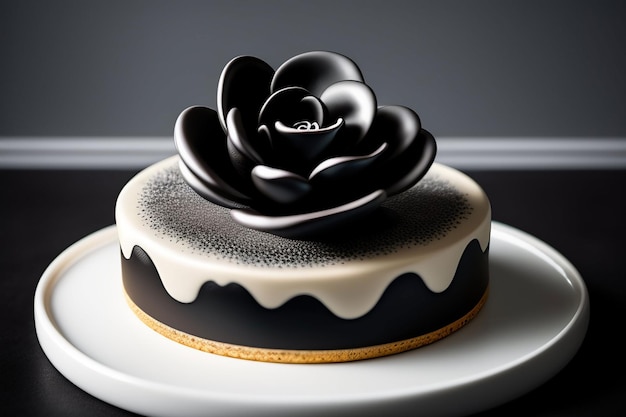A cake with a black flower on it