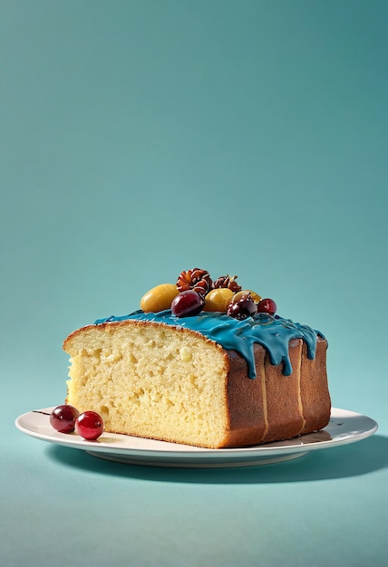 a cake with blue frosting and berries on a plate