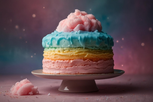 a cake with blue frosting and rainbow frosting on it