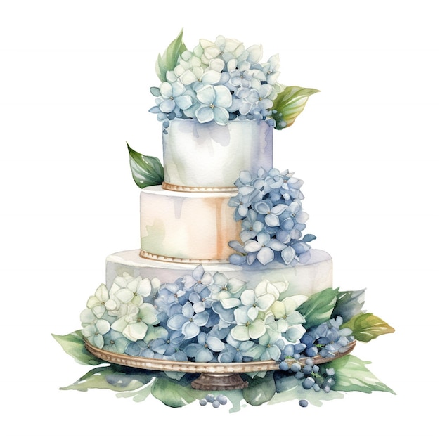 A cake with blue hydrangea flowers