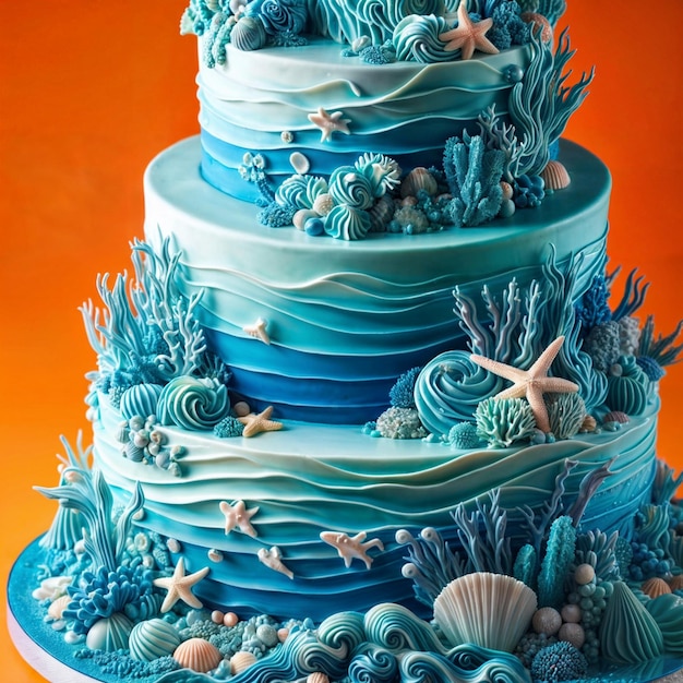 Photo a cake with blue icing and the ocean on the bottom