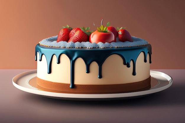 A cake with blue icing and strawberries on it