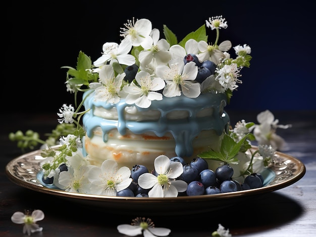 Photo a cake with blue icing and white flowers on a plate generative ai image