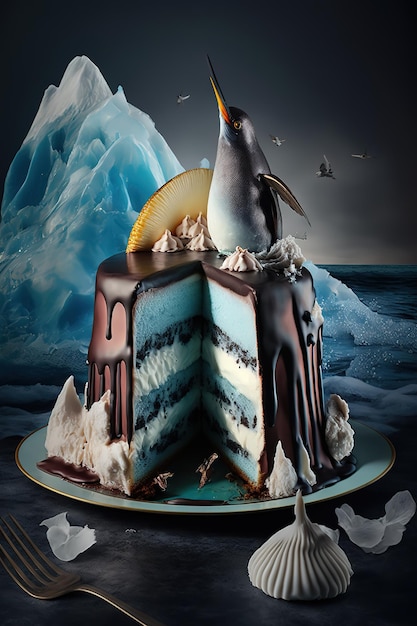 A cake with a blue penguin on it and a piece of iceberg in the background.