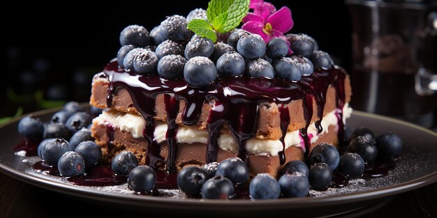 a cake with blueberries and cream on top of it