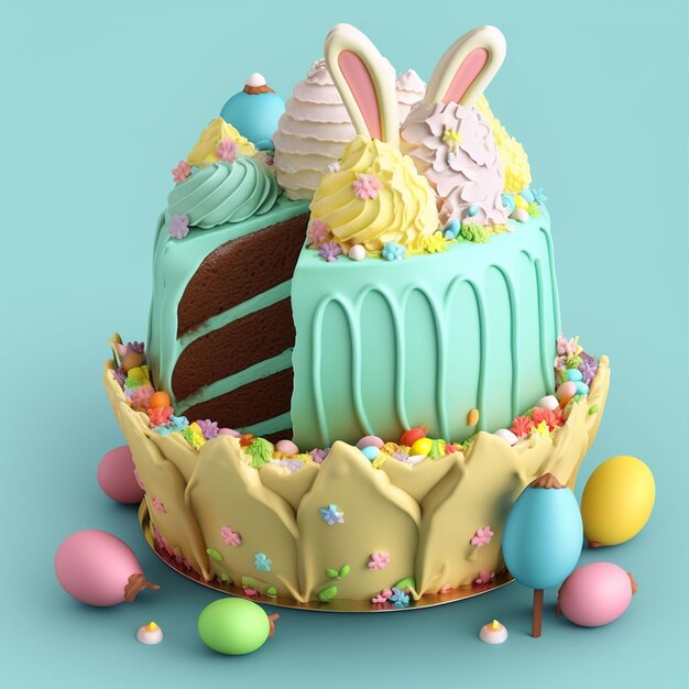 A cake with a bunny on it and eggs on the table.