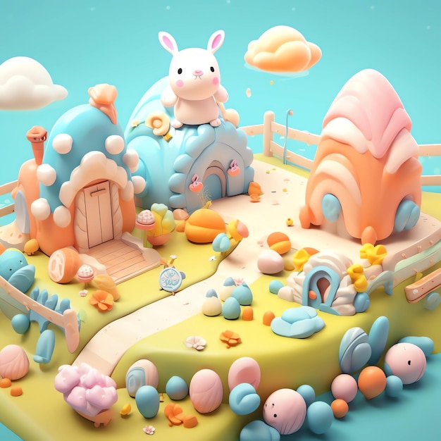 A cake with a bunny on it and a house on the top