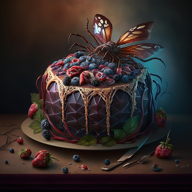 A cake with a butterfly on it and berries on the top.