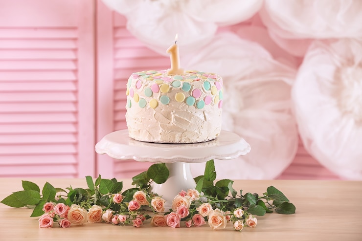 Photo テーブルの上の最初の誕生日のためのキャンドルとケーキ