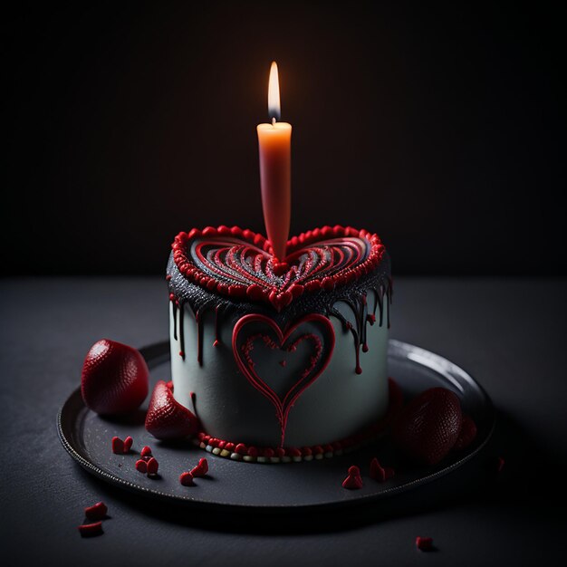 A cake with a candle and a heart on it