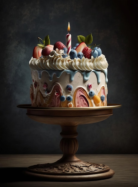 A cake with a candle on it with berries on it