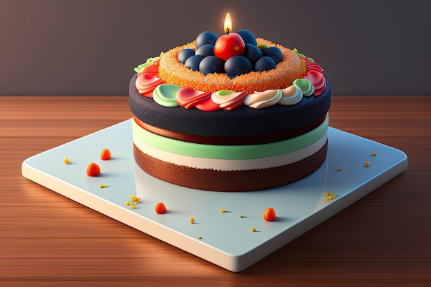 위에 촛불이 있고 "위에"라는 단어가 있는 케이크.