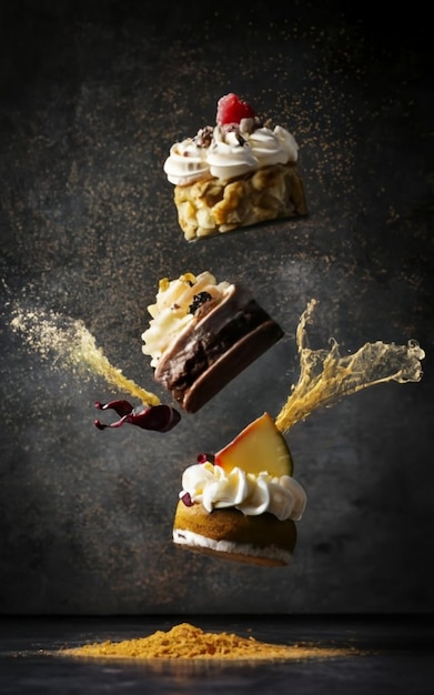 Foto torta con candele torte da dessert dinamiche e polvere d'oro il gioco della luce e dell'ombra