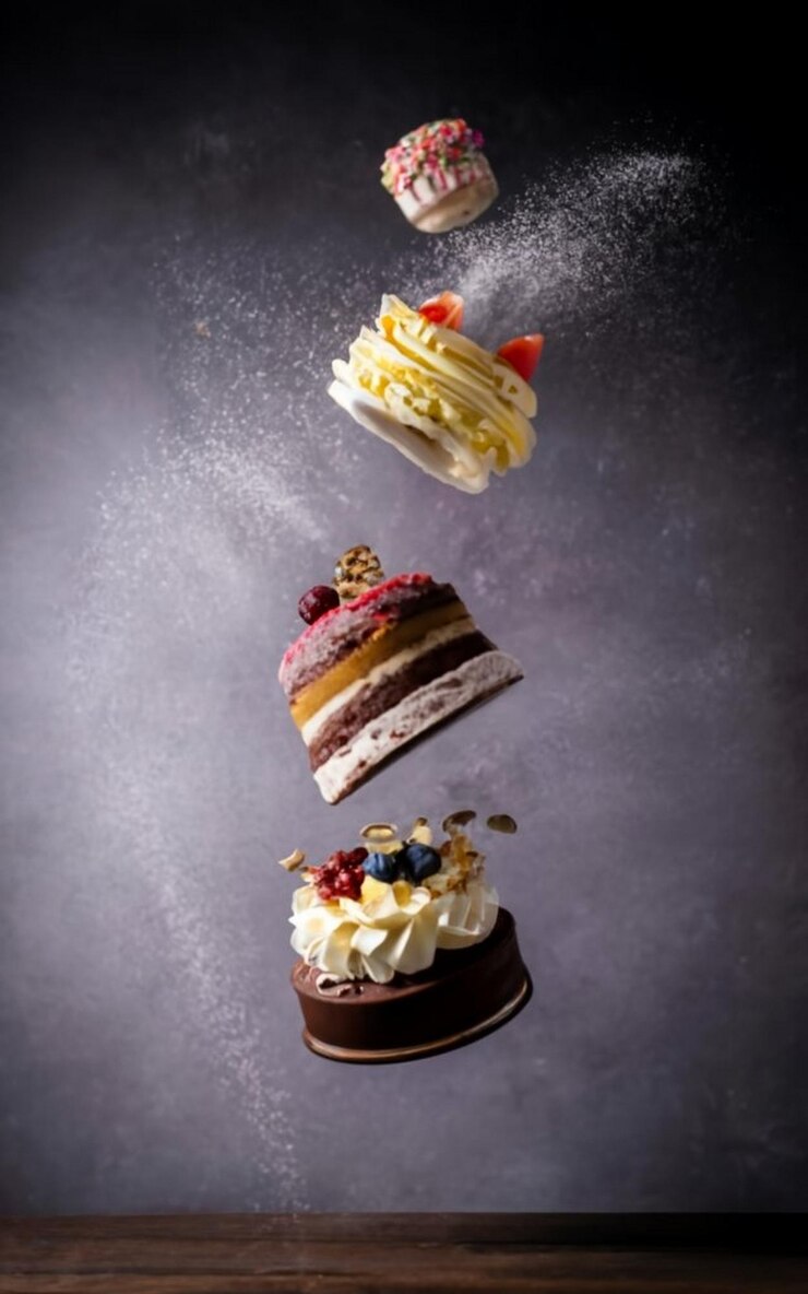 Photo cake with candles dynamic dessert cakes and golden powder the play of light and shadow