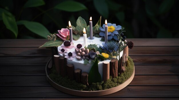 A cake with candles and flowers on it