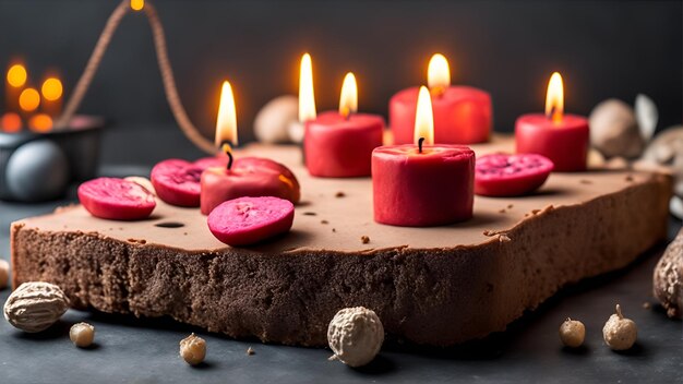 A cake with candles on it with a dark background