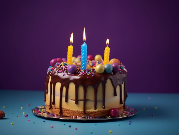 A cake with candles on it with a purple background.