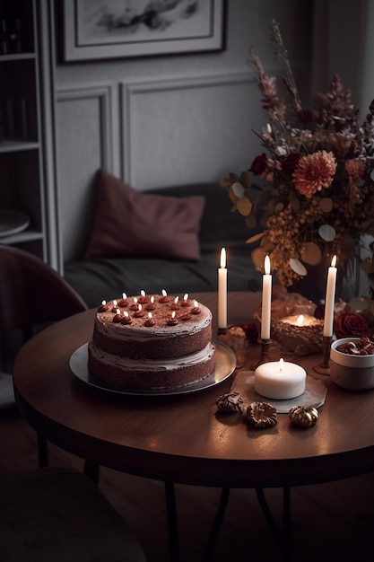 フラワーアレンジメントを背景に、テーブルの上にキャンドルが置かれたケーキ。