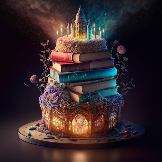 A cake with a castle on it that says " the book is on a table ".