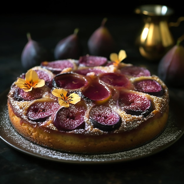 a cake with cherries on it and a silver plate with a gold pot on it