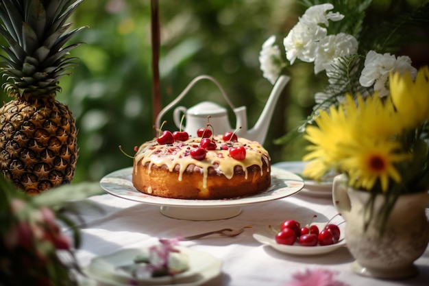 A cake with cherries on it sits on a table