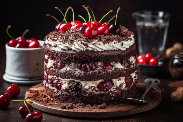 A cake with cherries on top and a cup of coffee on the side.