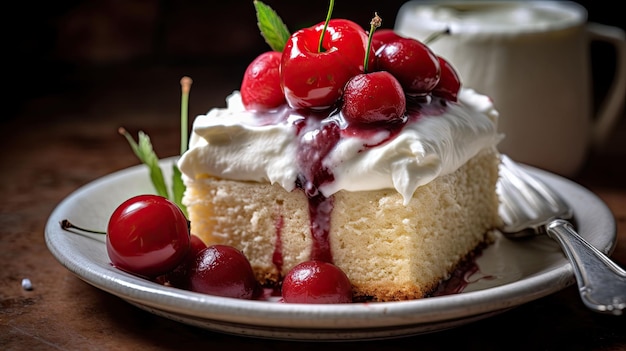 Cake with cherries and whipped cream on a rustic background