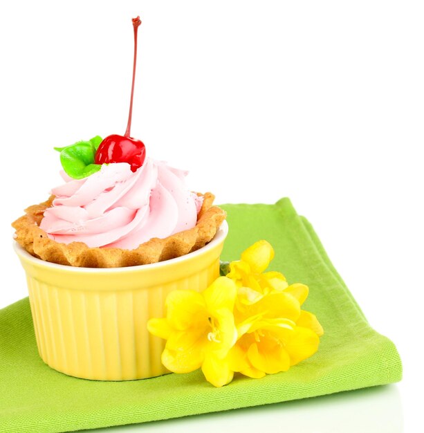 Cake with cherry in bowl for baking isolated on white