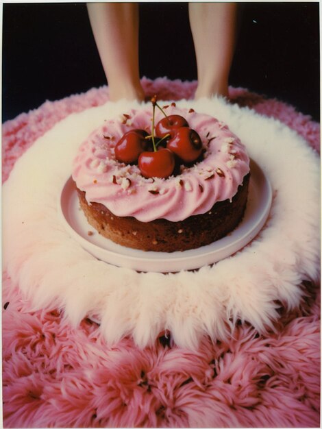 a cake with cherry on it is on a pink and white rug