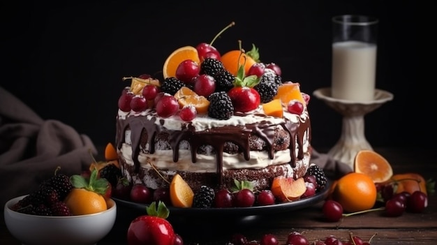 A cake with chocolate and berries on it