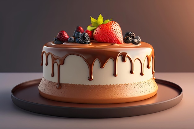 A cake with chocolate and berries on it