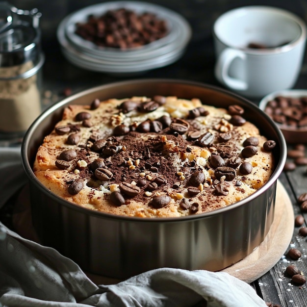 a cake with chocolate chips and a cup of coffee