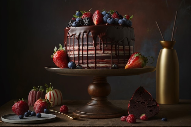 초코 프로스팅과 딸기가 올려진 케이크