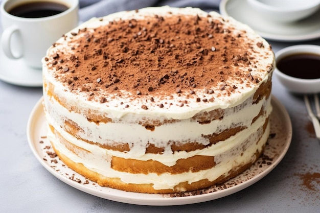 A cake with chocolate frosting and a cup of coffee