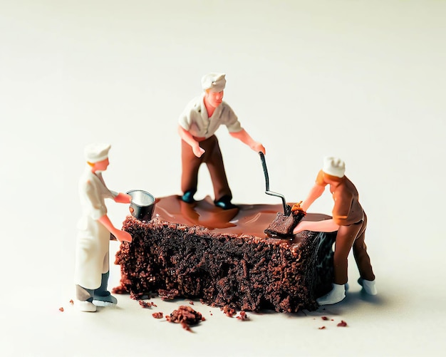 A cake with chocolate frosting and a man in a hat and a hat with a shovel.