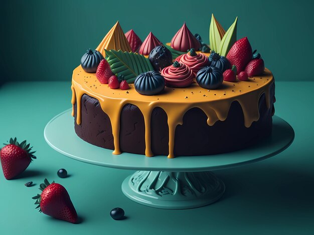 A cake with a chocolate glaze and a bunch of berries on it