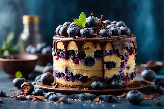 A cake with chocolate icing and blueberries and a splash of blueberries
