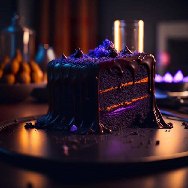 A cake with chocolate icing and a candle on the table