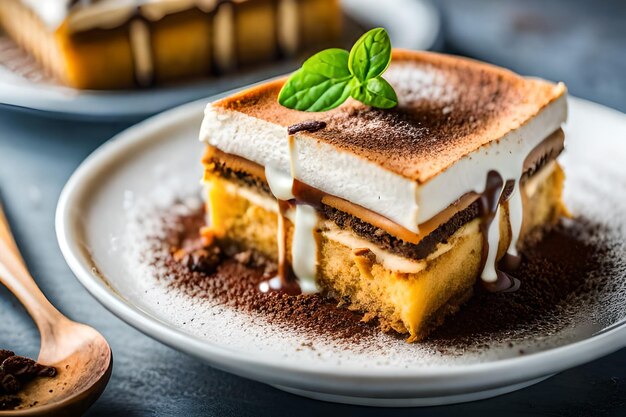 Una torta con glassa al cioccolato e una foglia di menta in cima