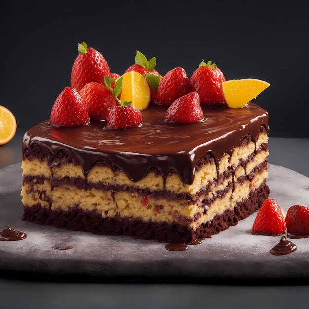 a cake with chocolate icing and strawberries on a plate.