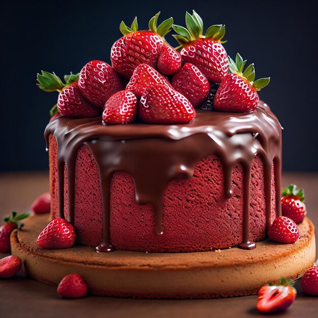 A cake with chocolate icing and strawberries on top of it.