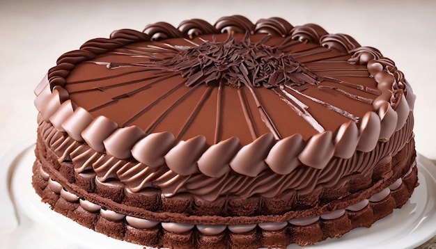 チョコレートのアイシングがかかっていて、その上にチョコレートが渦巻いているケーキ。