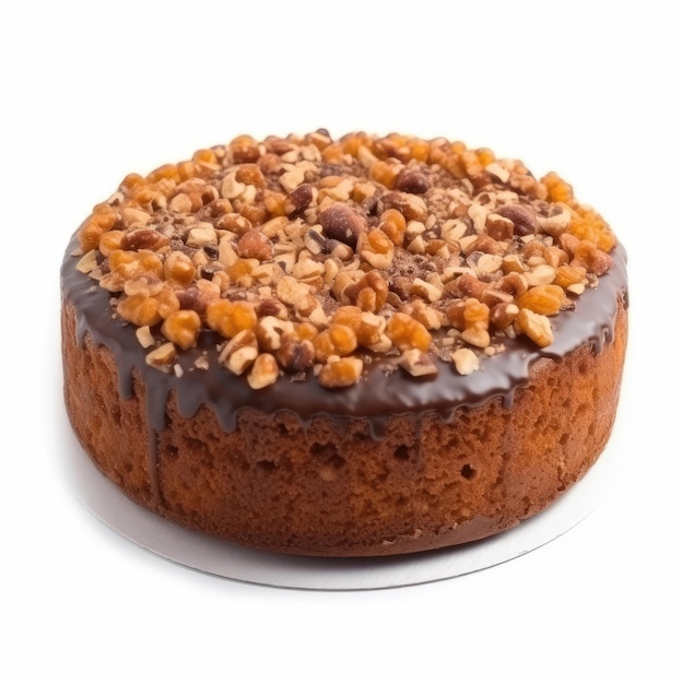 A cake with chocolate and nuts on a white background.